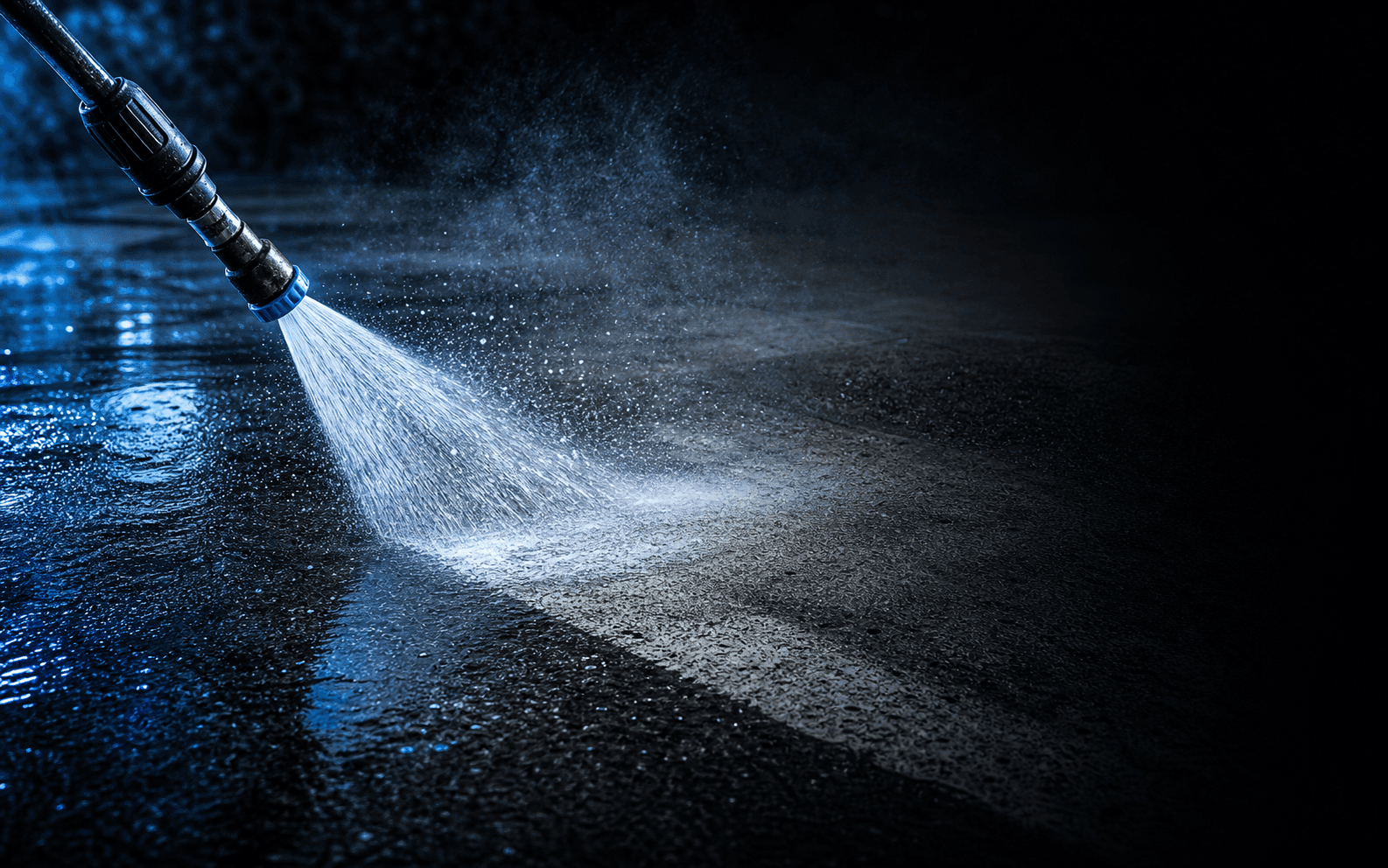 Professional pressure washing wand cutting through dark concrete grime with blue water highlights